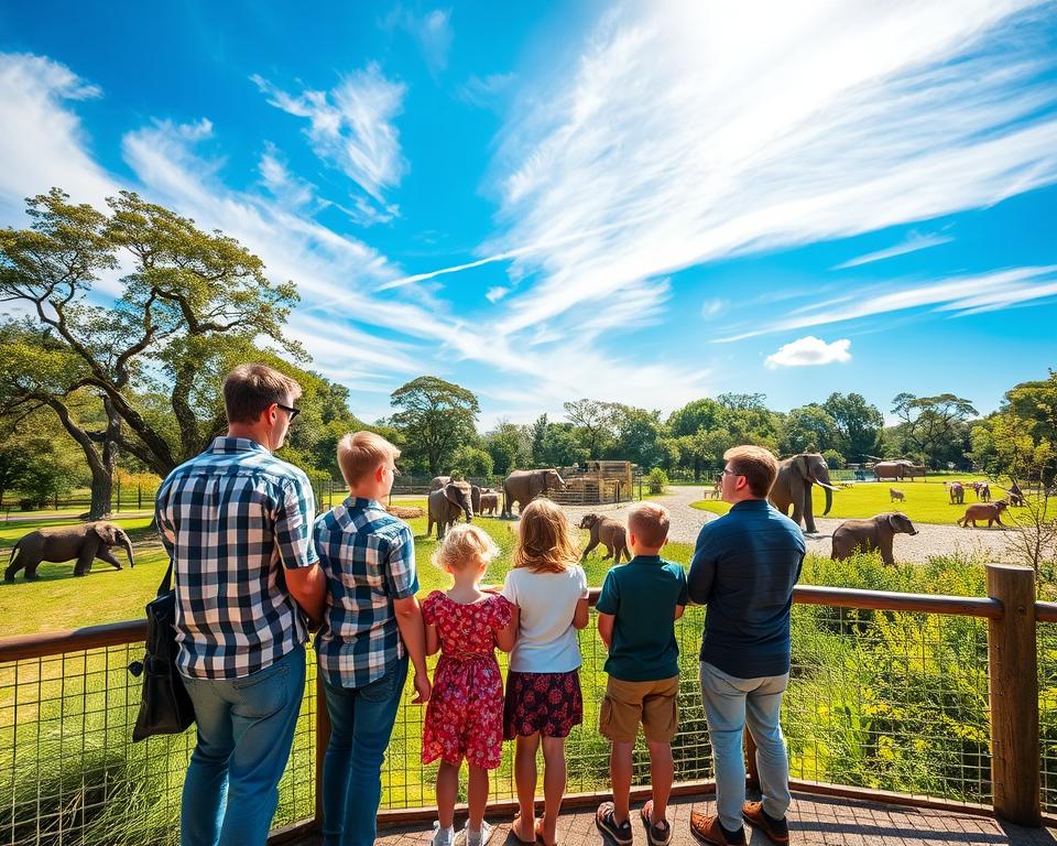 A vibrant scene showcasing the Erlebnis Safari Park Stukenbrock in Nordrhein-Westfalen. In the foreground, a family of four, dressed in casual but neat clothing, is enthusiastically observing exotic animals such as lions and elephants from a safe viewing area. The middle ground features lush greenery interspersed with animal enclosures, creating an immersive safari atmosphere. In the background, a bright blue sky streaked with soft clouds enhances the overall cheerfulness of the scene. The sunlight filters through the trees, casting gentle dappled shadows, creating a warm and inviting ambiance. The angle should be slightly elevated to capture both the families' excitement and the grandeur of the park, emphasizing a sense of adventure and exploration.