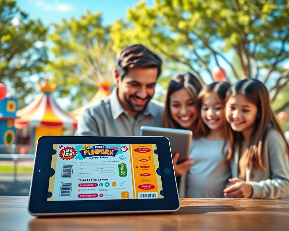 An engaging and colorful depiction of an "Online Ticket FunPark," showcasing a family-friendly environment. In the foreground, there are vibrant digital tickets displayed on a tablet, featuring playful designs related to amusement parks. In the middle ground, a family of four, dressed in modest casual clothing, is happily interacting with the tablet, smiling together as they plan their visit. The background features a whimsical FunPark scene with colorful rides, balloons, and lush green trees under a bright blue sky, creating an inviting atmosphere. The image should capture soft, warm lighting to enhance the joyful mood, with a focus on cheerful expressions and a sense of adventure. The composition should be well-balanced, emphasizing both the tickets and the FunPark ambiance, inviting viewers to imagine their family outing.