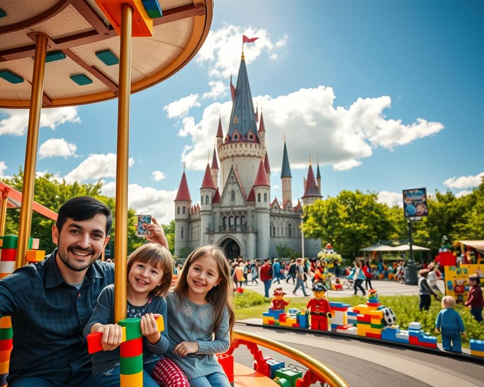 a vibrant and colorful scene of LEGOLAND Munich’s attractions, featuring a sprawling amusement park filled with LEGO-themed structures and rides. In the foreground, a playful and smiling family of four, dressed in casual but modest clothing, enjoys a LEGO carousel, with colorful blocks and characters surrounding them. In the middle ground, a towering Hogwarts-like castle, made entirely of LEGO bricks, stands majestically against a bright blue sky, with people exploring its intricate details. In the background, lush green trees and fluffy white clouds complete the scene, with warm sunlight illuminating the park, creating a cheerful and inviting atmosphere. Capture the excitement and joy of family fun in a vibrant, lively style from a slightly elevated angle.