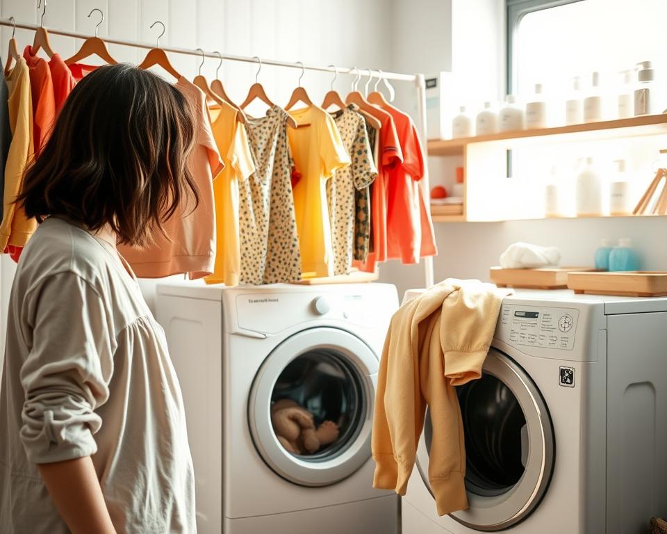 A bright and cozy laundry room filled with colorful children's clothing hanging on an indoor drying rack. In the foreground, a parent is carefully sorting and washing soft, organic fabrics designed for kids, wearing a modest casual outfit. The middle layer features a washing machine with labels detailing eco-friendly washing instructions visible, surrounded by gentle light streaming through a window, creating a warm, inviting atmosphere. In the background, shelves neatly display natural detergents and fabric repair supplies, emphasizing sustainability. The overall mood is nurturing and educational, reflecting the care required in washing and maintaining children's sustainable fashion. Soft shadows and a shallow depth of field highlight the vibrant colors and textures of the clothing.
