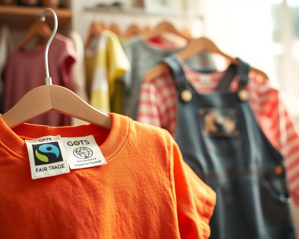 A close-up view of eco-friendly clothing labels showing certifications for sustainable children's fashion, displayed prominently on various children's garments. In the foreground, focus on a vibrant, organic cotton shirt with a tag featuring the GOTS (Global Organic Textile Standard) and Fair Trade logos. In the middle ground, include a pair of sustainable denim overalls with similar labels, showcasing their eco-friendly credentials. In the background, softly blurred, arrange a variety of children's clothing items in a warm, inviting atmosphere. The lighting is bright and natural, illuminating the textures of the fabrics, creating a cozy yet environmentally-conscious mood. The image embodies a sense of ethical fashion, highlighting the importance of sustaining our planet through conscious consumer choices.