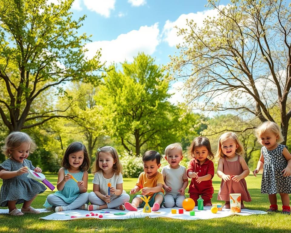 A colorful and vibrant scene featuring children joyfully wearing the Armedangels Kinderkollektion, surrounded by a playful, eco-friendly atmosphere. In the foreground, a diverse group of kids, dressed in stylish, sustainable clothing made from organic materials, are engaged in fun activities like painting and playing with nature-inspired toys. The middle ground showcases a lush, green park with blooming flowers and trees, symbolizing the brand's commitment to sustainability. The background features a bright blue sky with soft, fluffy clouds, creating a cheerful mood. Natural sunlight filters through the trees, casting gentle shadows, enhancing the warmth of the scene. The composition should evoke feelings of joy and environmental consciousness, highlighting the essence of fair and stylish children's fashion.