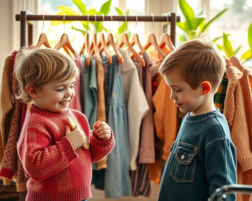 A cozy, inviting setting showcasing a collection of secondhand children's clothing, delicately arranged on rustic wooden hangers. In the foreground, a cheerful child carefully examines a colorful knit sweater, wearing casual clothing that reflects a sense of playfulness and comfort. Bright natural light filters through a nearby window, casting soft shadows and highlighting the textures of the garments. In the middle ground, a beautifully organized rack displays a variety of sustainable styles—vibrant dresses, cute overalls, and cozy jackets—representing upcycled fashion. The background features a softly blurred environment with lush green plants, enhancing the atmosphere of sustainability and care for the Earth. The mood is warm, friendly, and inspiring, inviting viewers to explore the joys of secondhand shopping and sustainable fashion.