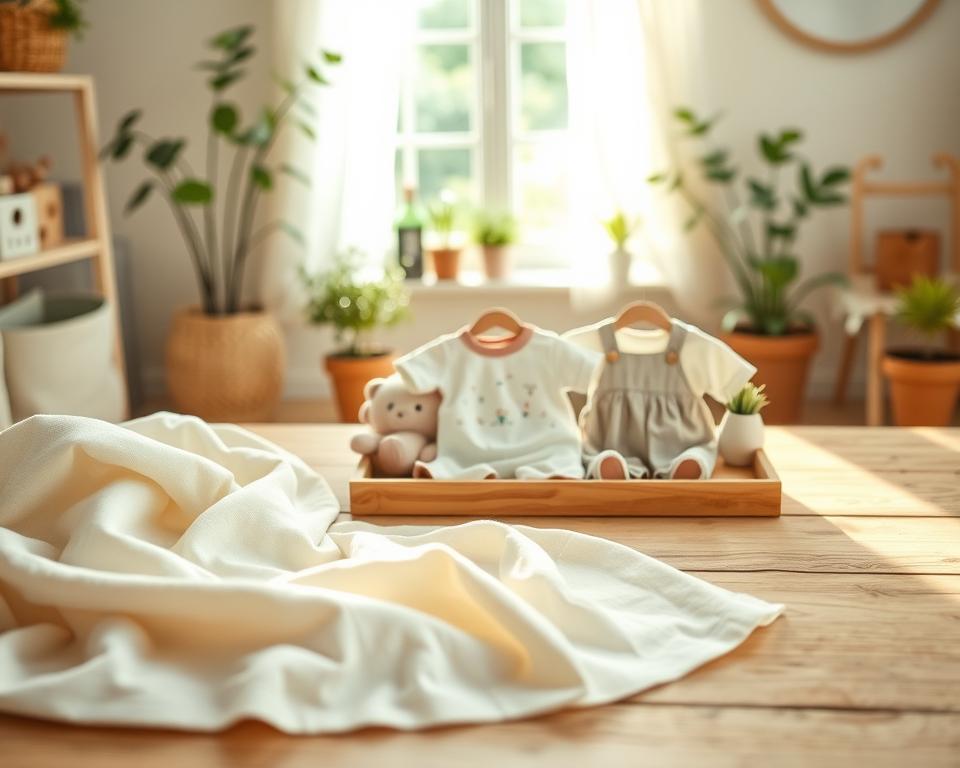 A picturesque scene showcasing organic cotton for children, featuring a soft, cozy fabric draped over a wooden table in the foreground. In the middle, display a playful arrangement of small clothing items, like T-shirts and overalls, made from bio-cotton in pastel colors, with charming, nature-inspired prints. The background includes a bright, airy room with gentle sunlight streaming through a window, illuminating the textures of the fabrics and creating a warm, inviting atmosphere. Include hints of greenery, like potted plants, to emphasize the sustainable aspect of the materials. The overall mood is cheerful and eco-friendly, highlighting the quality and care in children's sustainable fashion. Soft focus on the background for depth.