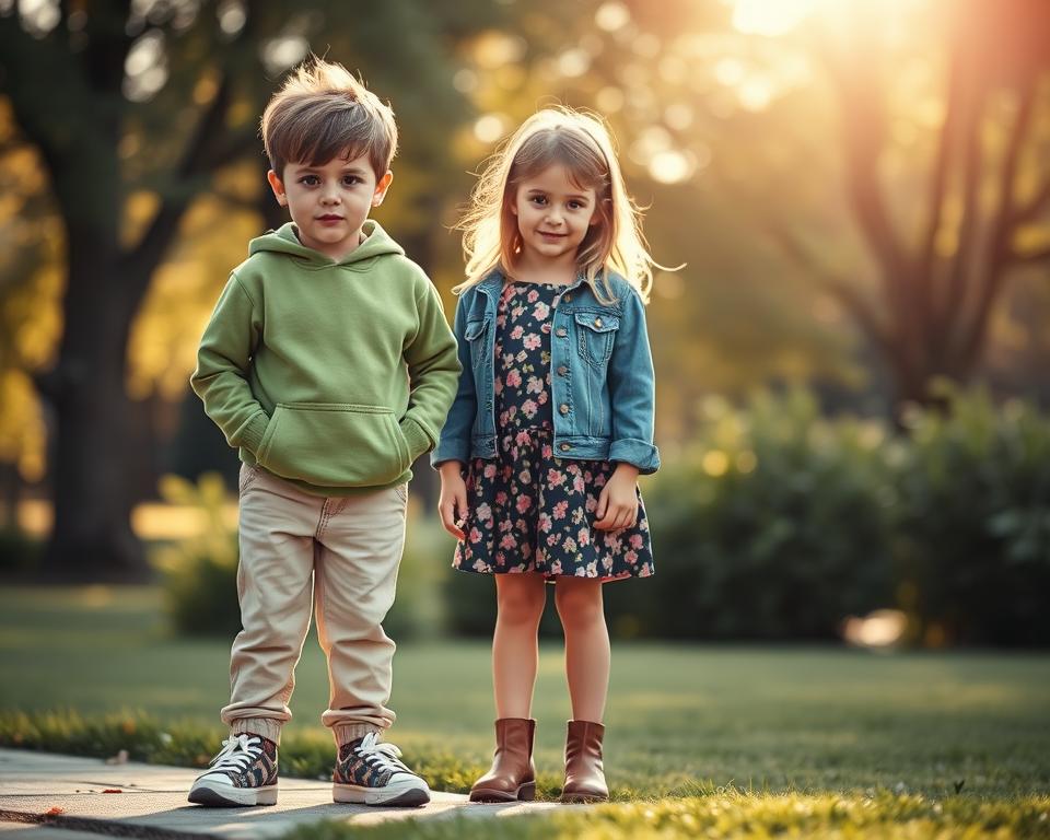 A stylish children's fashion showcase featuring two young children, a boy and a girl, standing next to each other, dressed in eco-friendly outfits by Armedangels. The boy wears a vibrant green hoodie paired with comfortable beige trousers and casual sneakers, while the girl has a floral-patterned dress layered with a cozy denim jacket and cute ankle boots. The foreground highlights their outfits, emphasizing the sustainable fabrics. The middle ground includes soft, natural greenery, suggesting an outdoor setting, while the background shows a sun-drenched park with gentle sunlight filtering through trees, creating a warm, inviting atmosphere. The image should convey a sense of playful elegance and comfort, perfect for stylish kids.