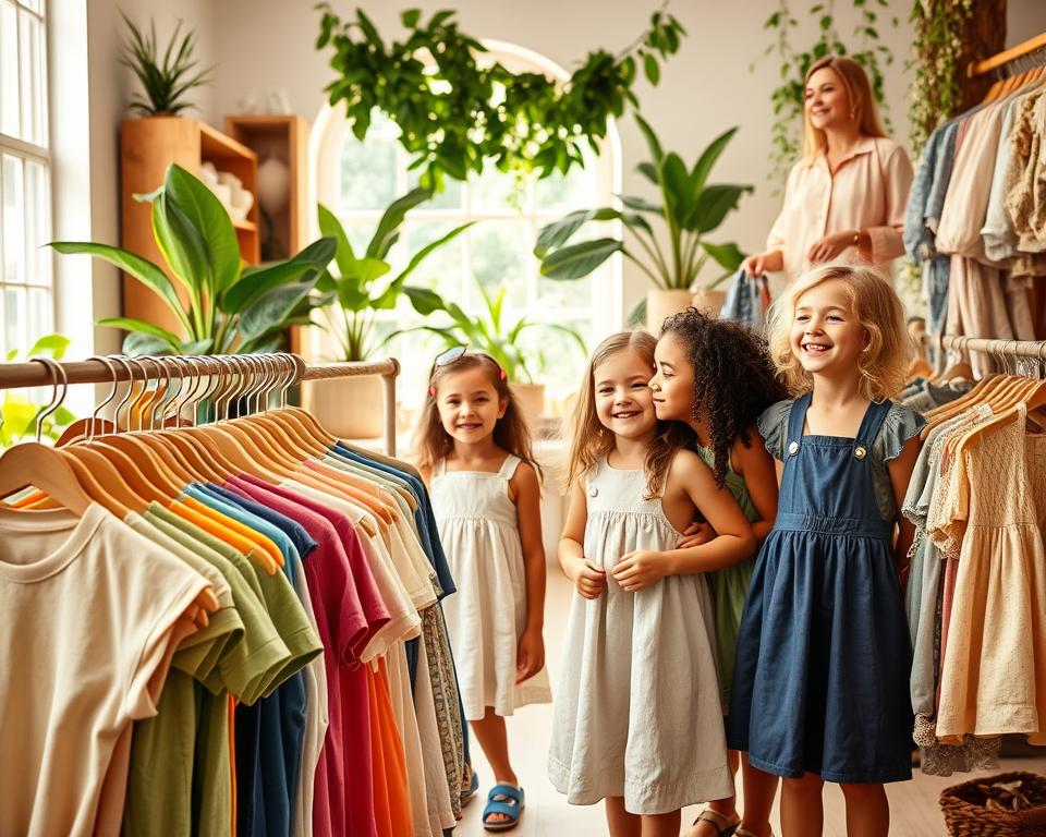 A vibrant and inviting children's clothing display featuring various sustainable fashion items from different eco-friendly brands. In the foreground, a colorful assortment of clothing includes organic cotton t-shirts, linen dresses, and playful accessories displayed on rustic wooden hangers. In the middle ground, cheerful children of diverse backgrounds try on the clothes, laughing and enjoying the playful atmosphere, clad in modest yet stylish outfits. The background showcases a cozy, sunlit boutique with green plants and natural light filtering through large windows, enhancing the eco-friendly vibe. The overall mood is joyful and inspiring, emphasizing the beauty and fun of sustainable children's fashion. The image is captured with a soft focus lens to create a warm, engaging atmosphere.
