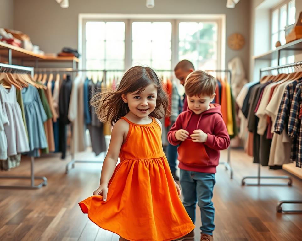 A vibrant and inviting scene showcasing a diverse group of children joyfully trying on colorful, stylish sustainable clothing from Armedangels in a cozy, well-lit boutique in Germany. In the foreground, a young girl with brown hair wearing a bright organic cotton dress happily twirls. Beside her, a boy in a soft, eco-friendly hoodie examines a piece of clothing. The middle ground features neatly arranged racks displaying a variety of sustainable children's fashion, emphasizing the brand's commitment to style and ethics. In the background, large windows allow warm, natural light to pour in, creating a cheerful atmosphere. The overall mood is playful and inviting, celebrating conscious consumerism. No text or branding is present in the image.