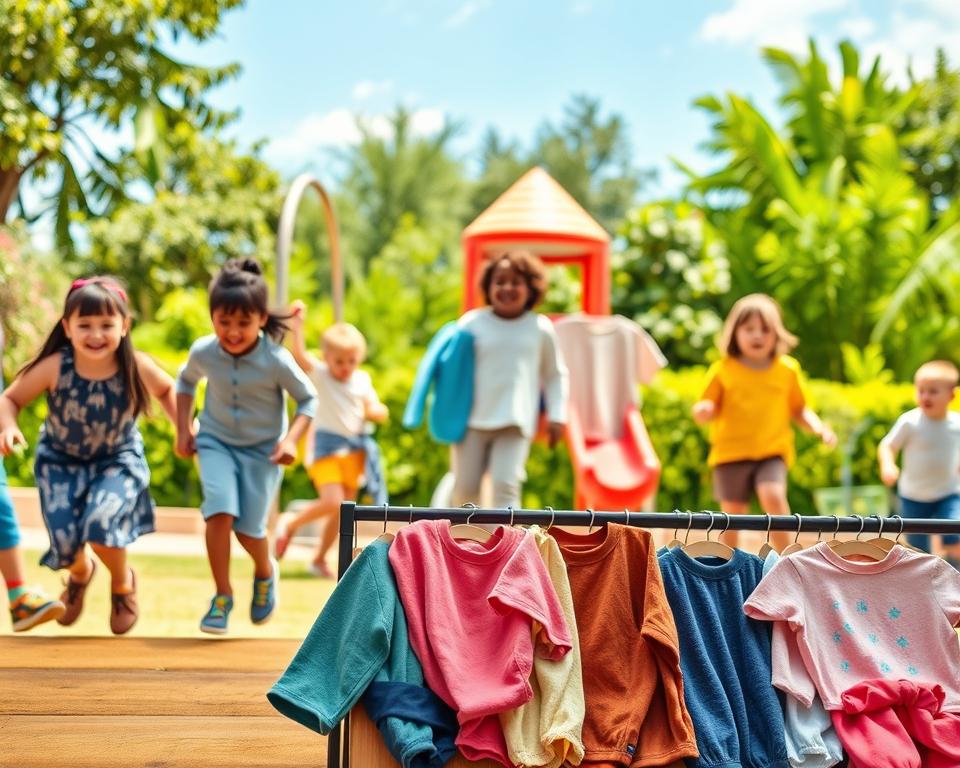 A vibrant display of children's clothing showcasing comfort and fit, set in a lively outdoor playground. In the foreground, a diverse group of children, dressed in stylish, sustainable garments, engages in active play—climbing, running, and laughing, all while wearing outfits that allow for freedom of movement. The middle ground features a colorful array of clothing items, neatly hung or laid out, highlighting the breathable fabrics and thoughtful designs tailored for kids. The background incorporates lush greenery and a bright blue sky, emphasizing a fresh, lively atmosphere. Soft, natural lighting bathes the scene, highlighting the textures and colors of the clothing. The overall mood is joyful and energetic, perfectly capturing the essence of child-friendly apparel that promotes comfort and style in everyday life.