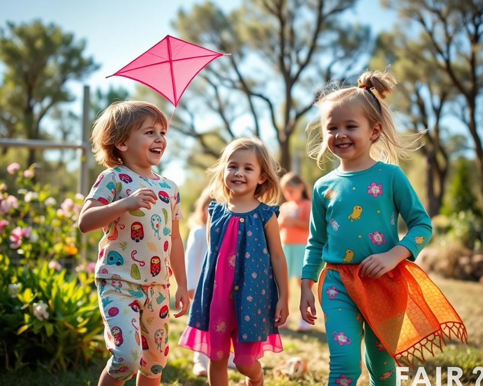 A vibrant outdoor scene showcasing children enjoying a playful day while dressed in colorful, stylish, and environmentally-friendly clothing. In the foreground, two children, a boy and a girl, laugh and play with a soft, organic cotton kite, their outfits featuring whimsical patterns that reflect nature. The middle ground features a small group of kids engaged in a craft activity using recycled materials, surrounded by greenery and blooming flowers, symbolizing sustainability. The background shows a bright blue sky and gentle sunlight filtering through trees, creating a warm, inviting atmosphere. The lens captures the scene with a slight depth of field, blurring the distant trees, while the focus remains clear on the joyful children, emphasizing the theme of fair fashion.