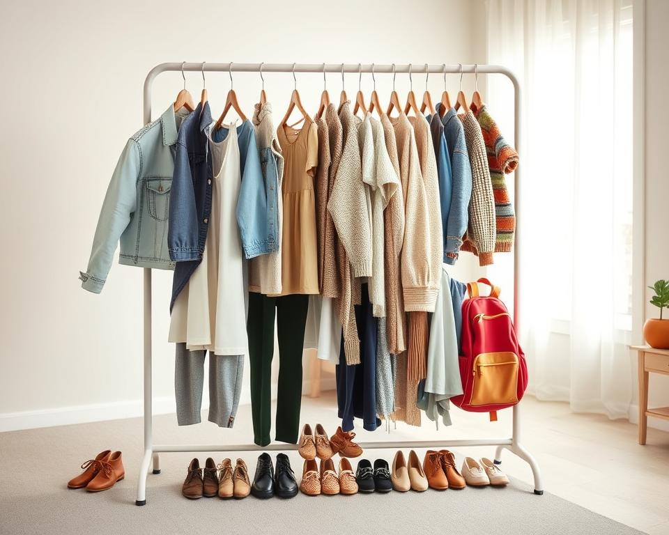 A well-organized capsule wardrobe for children, featuring a diverse collection of stylish, sustainable clothing pieces arranged on a minimalist rack. In the foreground, hang several outfits including a light denim jacket, a cotton dress, trendy leggings, and cozy knit sweaters, all made from eco-friendly materials. The middle ground showcases a playful arrangement of shoes, accessories like hats and scarves, and colorful backpacks. The background is a softly lit, neutral-toned room with a large window allowing natural light to filter in, creating a warm and inviting atmosphere. The overall mood is cheerful and vibrant, reflecting the idea of versatility and creativity in children's fashion. Capture this scene from a slightly elevated angle to emphasize the variety and allure of the capsule collection.