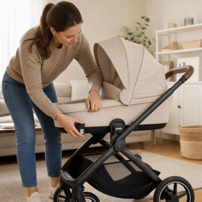 Babywanne auf dem Kinderwagengestell: Einrasten, Prüfen und sicher losfahren