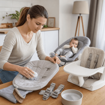 Babywippe und Hochstuhlaufsatz sauber halten: Bezüge, Gurte und Polster pflegen