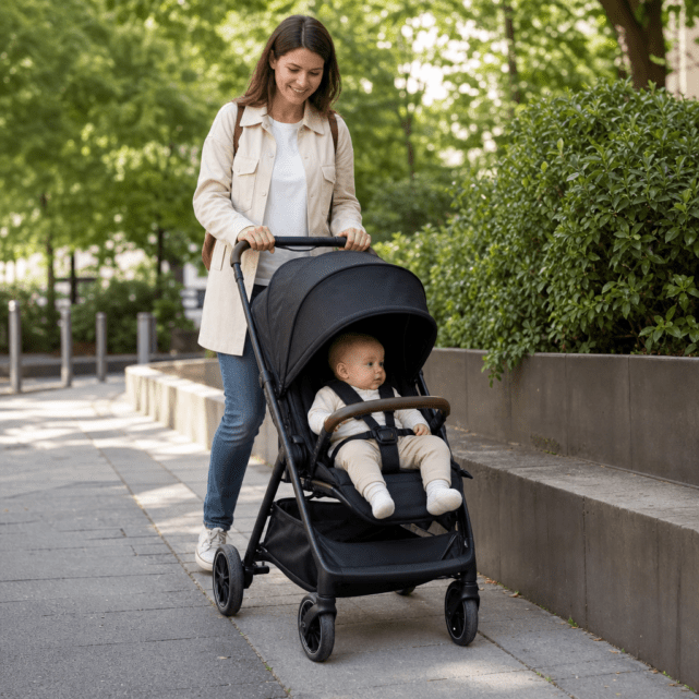 Buggy richtig lenken und rangieren: Vorderräder, Wendigkeit und ruhige Wege mit Baby