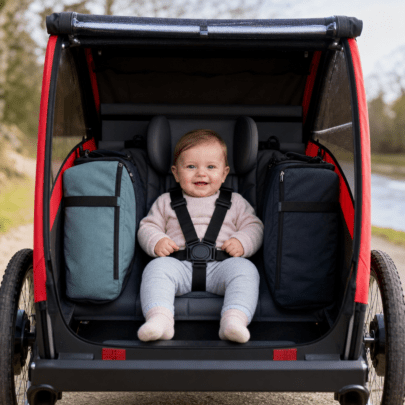 Ein Baby im Doppelfahrradanhänger: mittig sitzen, korrekt sichern und ausgewogen beladen