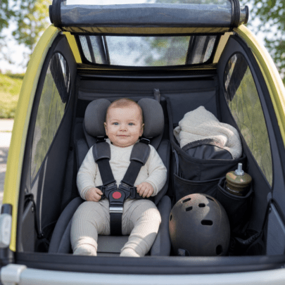 Fahrradanhänger-Innenraum für Babys: Gurte, Kopfstützen, Belüftung und Gepäck