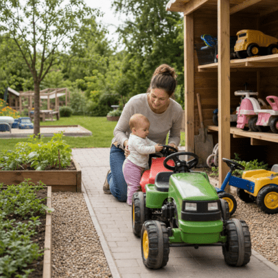 Fahrzeuge älterer Kinder im Garten: Spielzonen, Wege und Aufbewahrung mit Baby