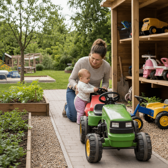 Fahrzeuge älterer Kinder im Garten: Spielzonen, Wege und Aufbewahrung mit Baby