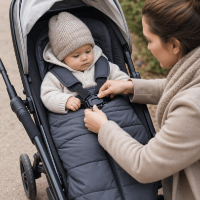 Fußsack im Kinderwagen-Sportsitz sicher mit Gurten nutzen
