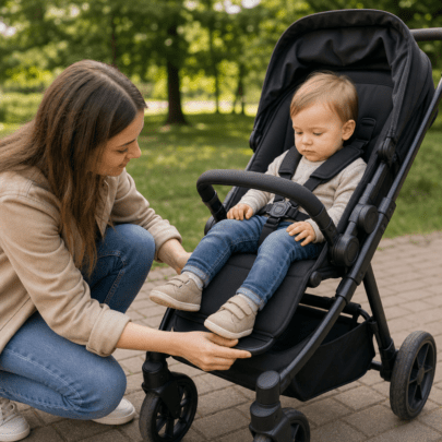 Fußstütze und Beinauflage im Kinderwagen ab Sitzalter sinnvoll einstellen