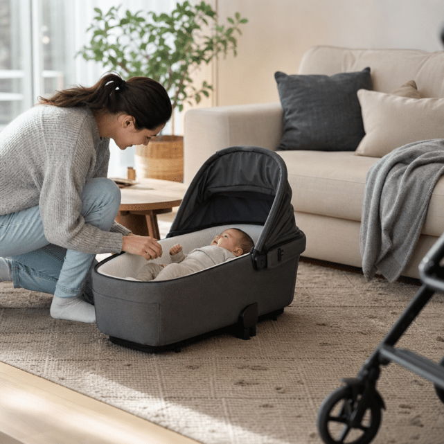 Kinderwagenwanne abstellen: Standfüße, Untergrund und Aufsicht