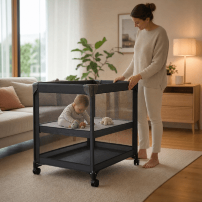 Laufstall mit verstellbarem Boden und Rollen im Babyalltag