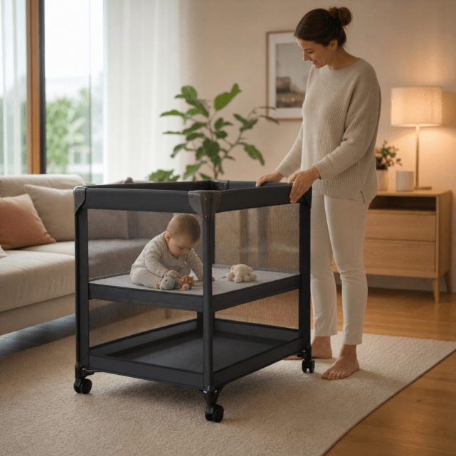 Laufstall mit verstellbarem Boden und Rollen im Babyalltag