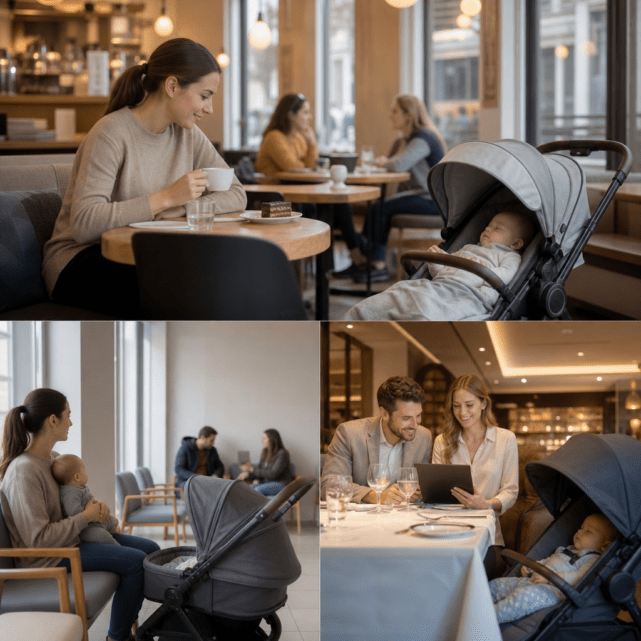 Mit Baby im Kinderwagen in Café, Wartezimmer und Restaurant