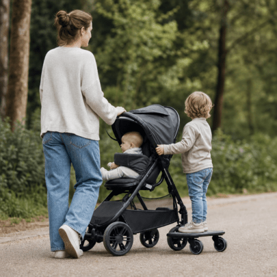 Mitfahrbrett am Kinderwagen: Nutzung mit Baby und Geschwisterkind